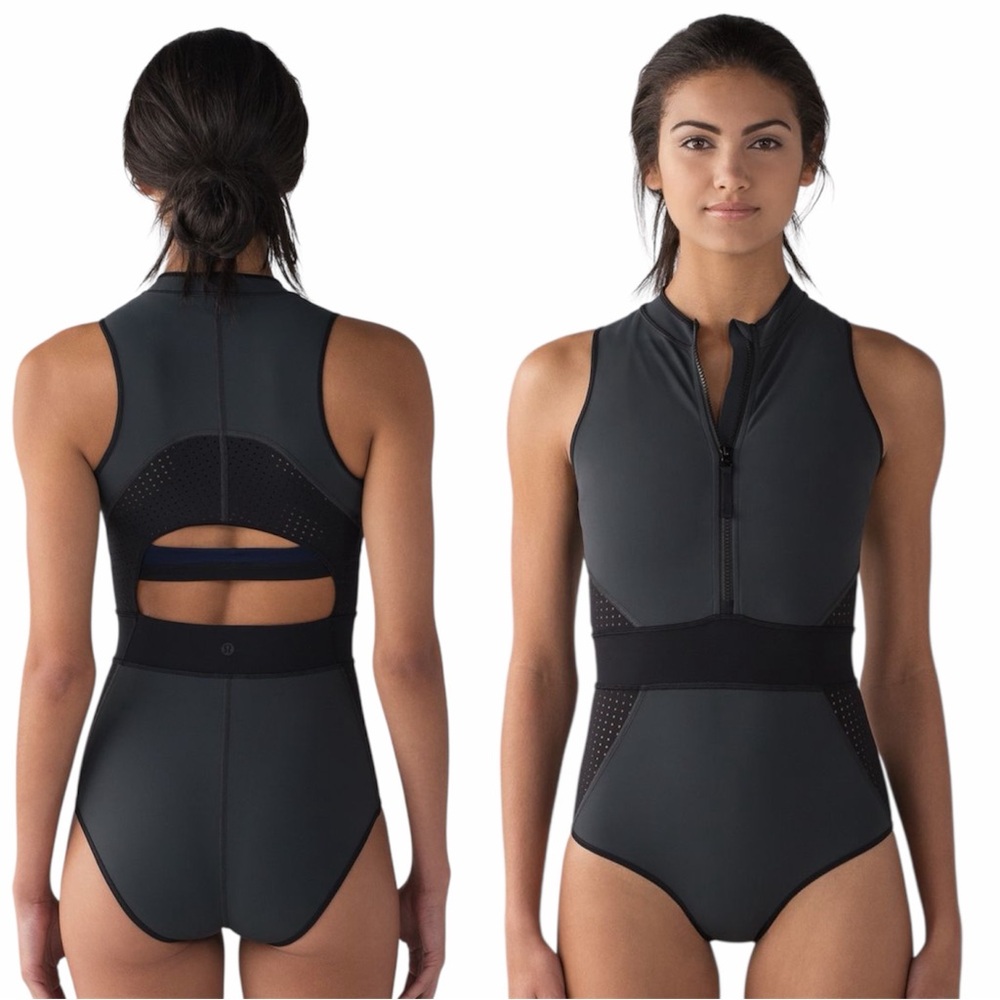 Lululemon – Wild Abandon One Piece Swimsuit – Zip Front – Gray Black – Sz. 10